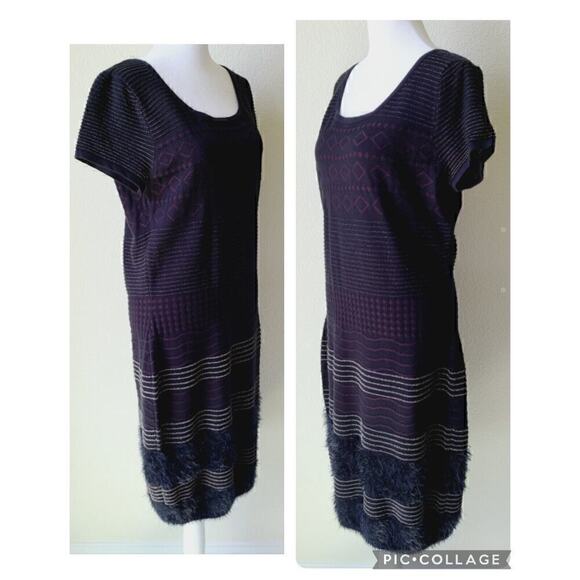 Just Taylor Black Knit‎ Sweater Dress Sz Large Fur Gold Striped Black Sheath - Picture 4 of 12